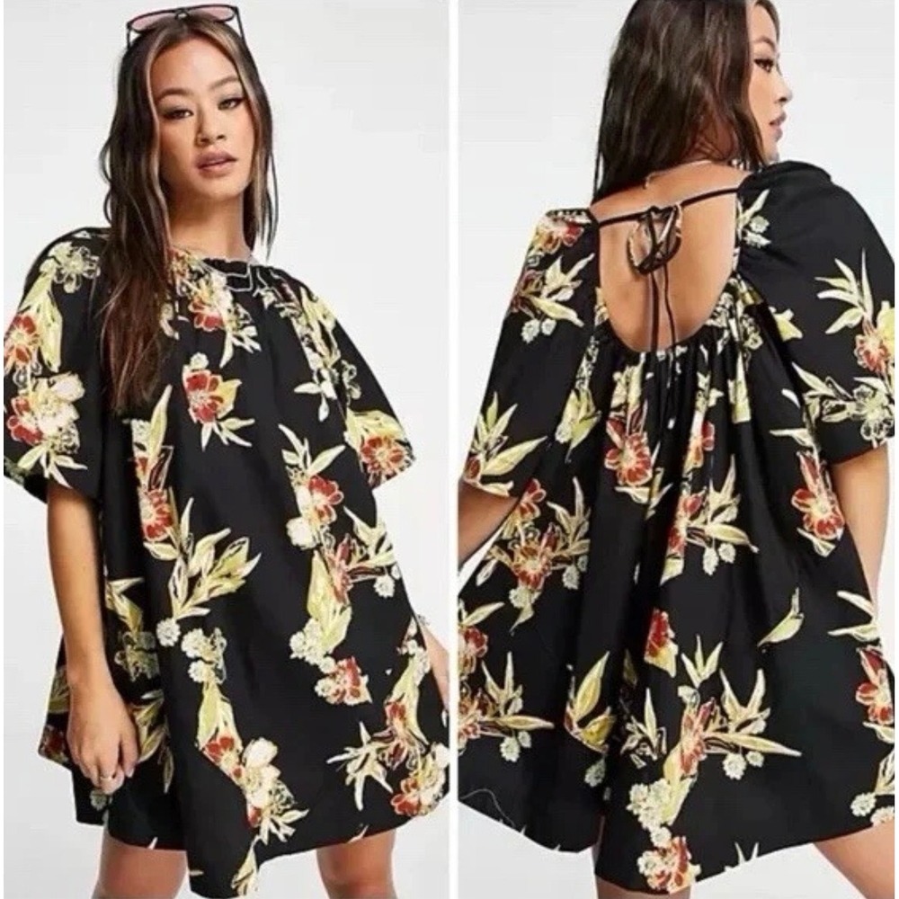 Free People Jodie Floral-Print Open Back Tunic Dress Black Size S Boho Tropical